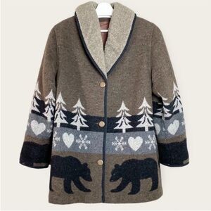 Brown Bear and Tree Pattern Pea Coat